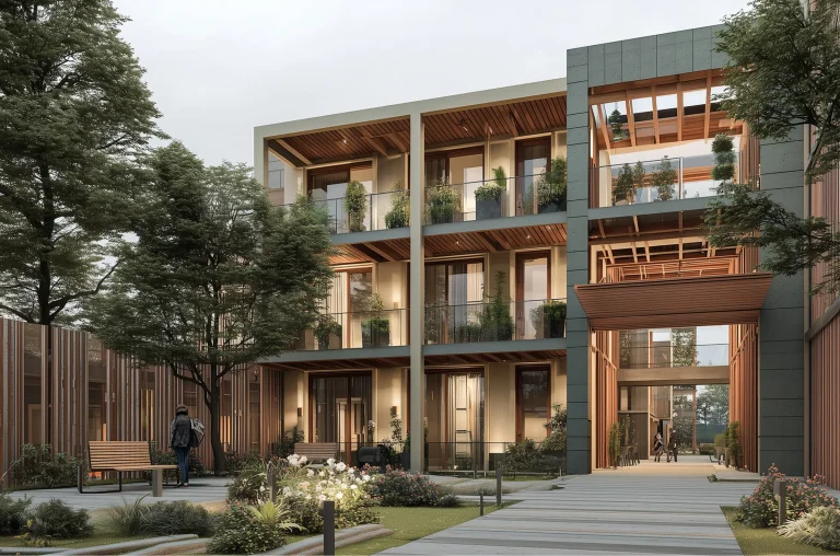 Modern multi-story  residential building with  a lush courtyard
